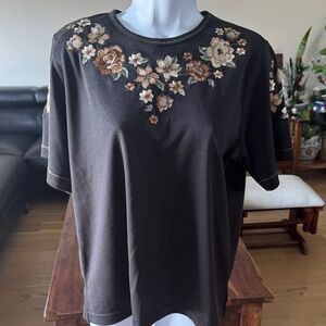 Vintage BonWorth Black Top with Floral Embroidery